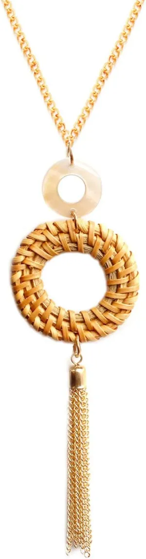 HUNO Handmade Straw Wicker Braid Statement Tassel Pendant Necklace Y-Shaped Long Chain Rattan Knit Bamboo Necklace for Women