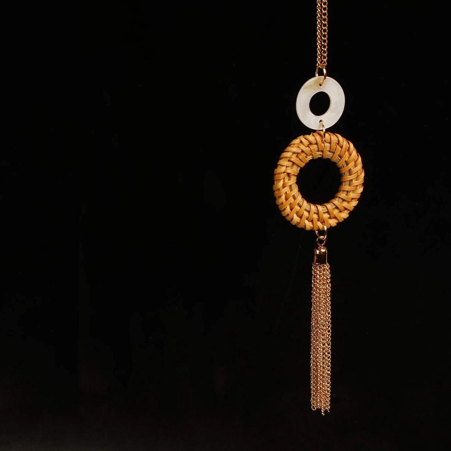 HUNO Handmade Straw Wicker Braid Statement Tassel Pendant Necklace Y-Shaped Long Chain Rattan Knit Bamboo Necklace for Women