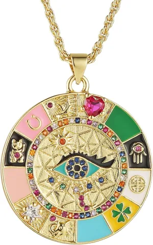 HZMAN Evil Eye Necklace for Women Retro Enamel 18K Gold Plated Round Medal Necklace Pendant Good Luck Amulet Jewelry Gift