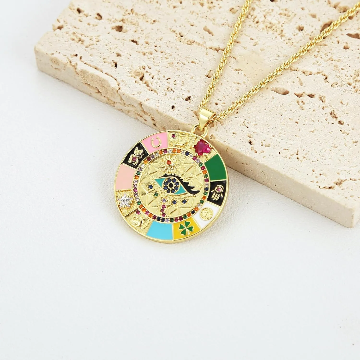 HZMAN Evil Eye Necklace for Women Retro Enamel 18K Gold Plated Round Medal Necklace Pendant Good Luck Amulet Jewelry Gift