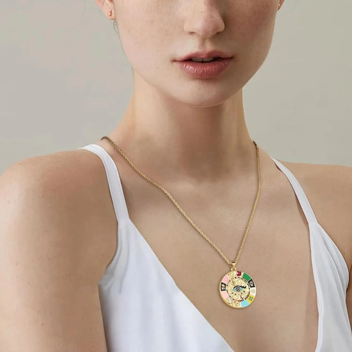 HZMAN Evil Eye Necklace for Women Retro Enamel 18K Gold Plated Round Medal Necklace Pendant Good Luck Amulet Jewelry Gift