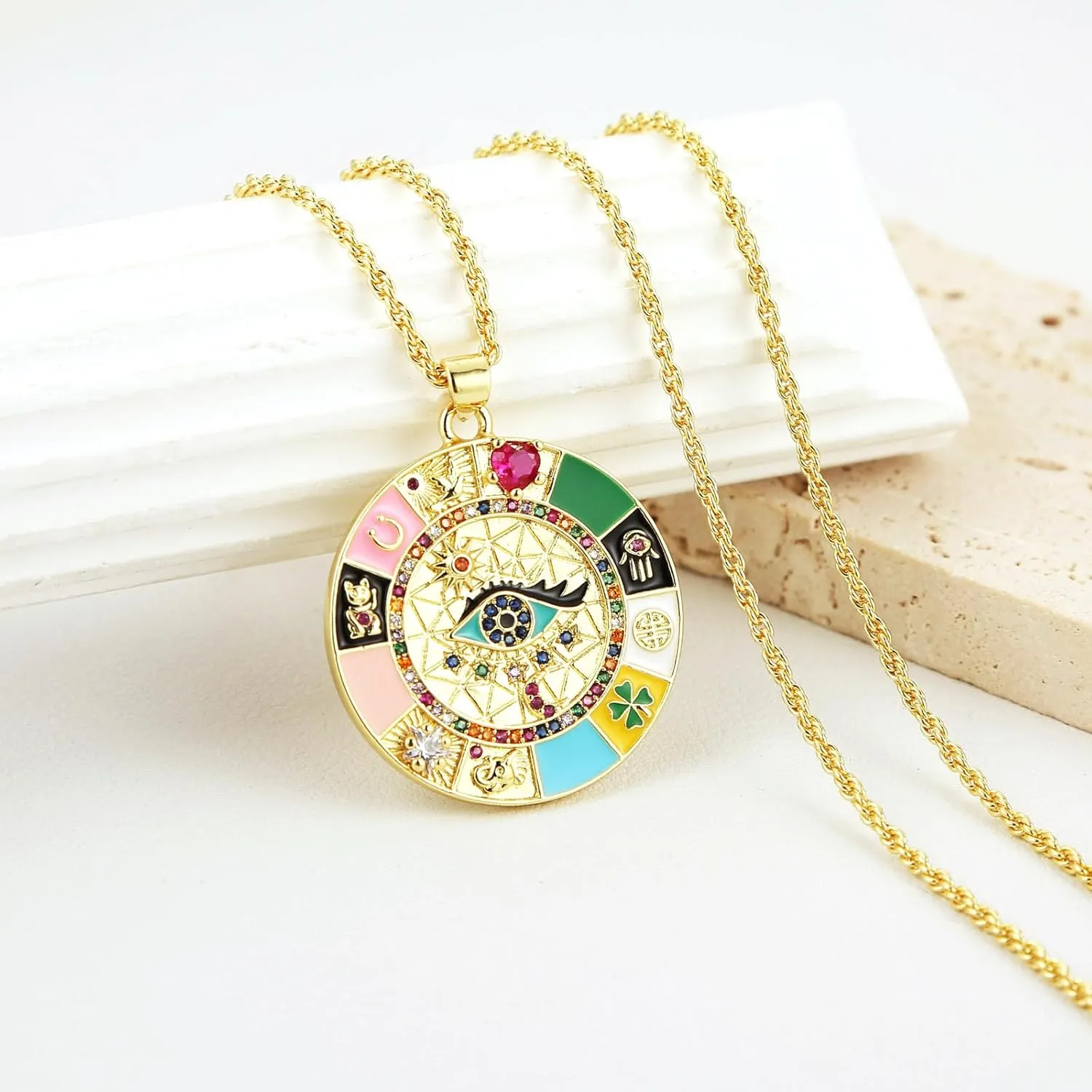 HZMAN Evil Eye Necklace for Women Retro Enamel 18K Gold Plated Round Medal Necklace Pendant Good Luck Amulet Jewelry Gift