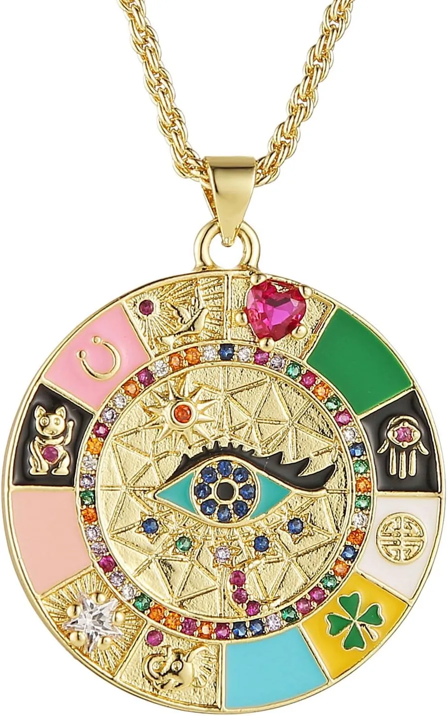 HZMAN Evil Eye Necklace for Women Retro Enamel 18K Gold Plated Round Medal Necklace Pendant Good Luck Amulet Jewelry Gift