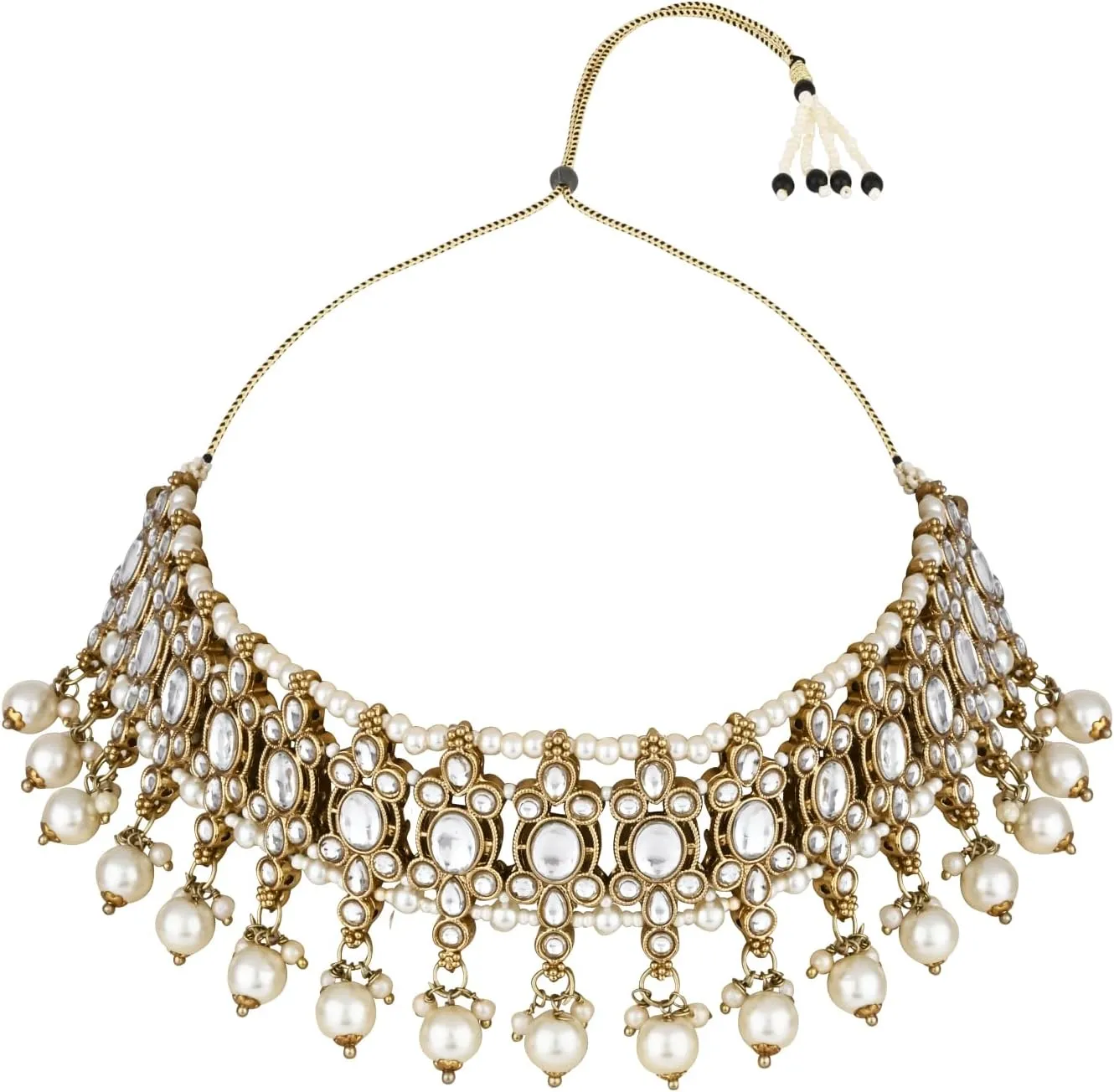 I Jewels Gold Plated Indian Wedding Bollywood Kundan Pearl Drop Choker Necklace Jewellery With Earrings & Maang Tikka Set For Women (K7276)