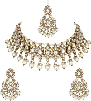 I Jewels Gold Plated Indian Wedding Bollywood Kundan Pearl Drop Choker Necklace Jewellery With Earrings & Maang Tikka Set For Women (K7276)