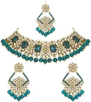 I Jewels Gold Plated Kundan Pearl Drop Choker Necklace Jewellery & Dangle Earrings Set For Women (K7274)