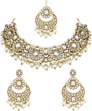 I Jewels Indian Wedding Bollywood Floral Kundan Pearl Choker Necklace Jewelry Earrings & Maang tikka Set For Women (K7271)