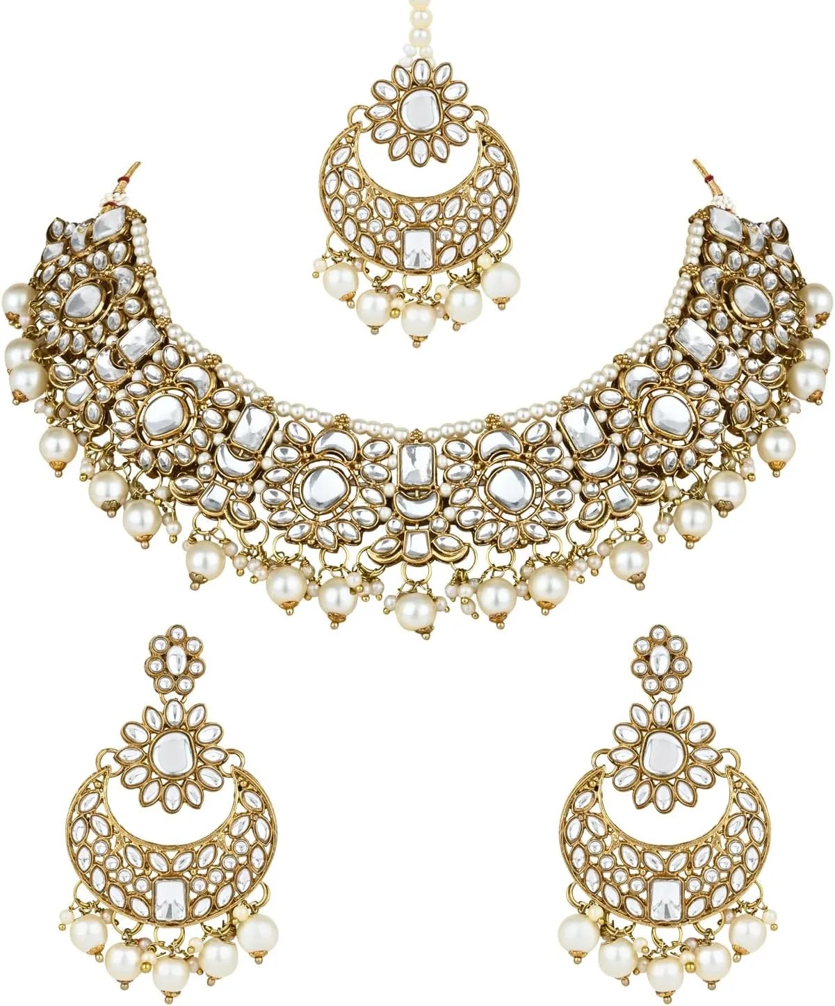 I Jewels Indian Wedding Bollywood Floral Kundan Pearl Choker Necklace Jewelry Earrings & Maang tikka Set For Women (K7271)