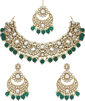 I Jewels Indian Wedding Bollywood Floral Kundan Pearl Choker Necklace Jewelry Earrings & Maang tikka Set For Women (K7271)