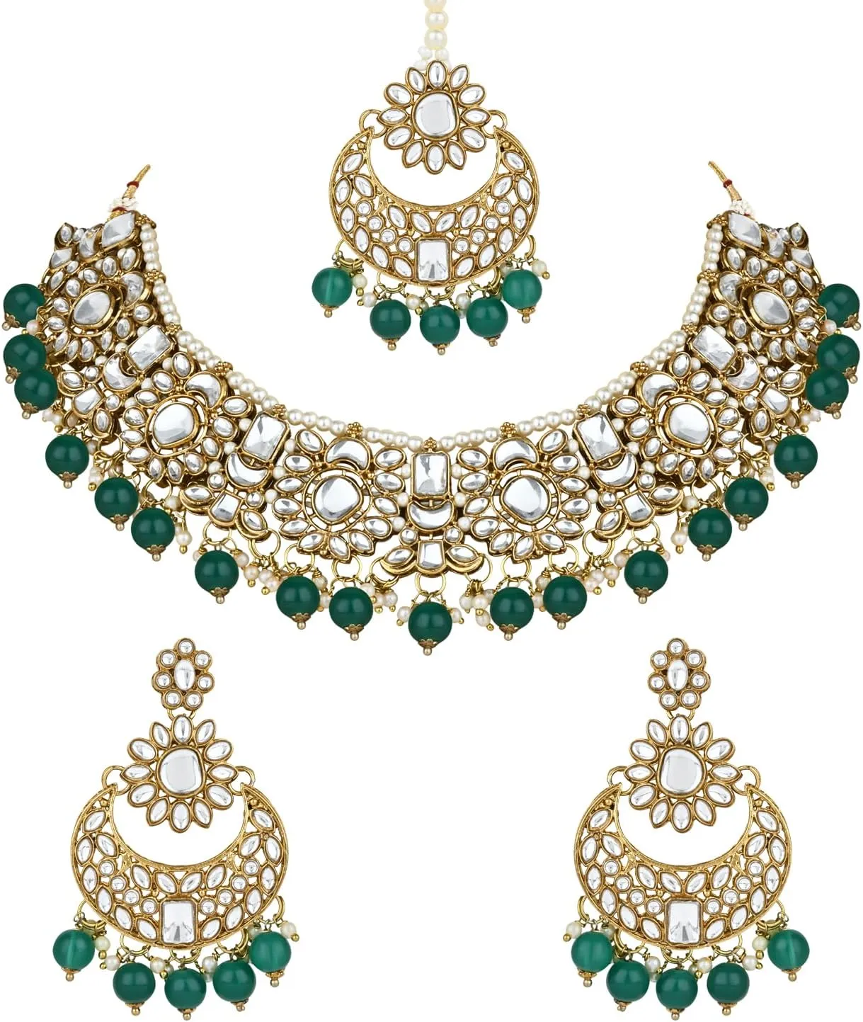I Jewels Indian Wedding Bollywood Floral Kundan Pearl Choker Necklace Jewelry Earrings & Maang tikka Set For Women (K7271)