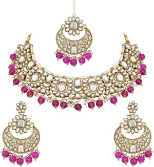 I Jewels Indian Wedding Bollywood Floral Kundan Pearl Choker Necklace Jewelry Earrings & Maang tikka Set For Women (K7271)