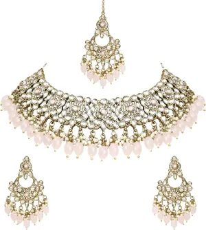 I Jewels Indian Wedding Bollywood Kundan Pearl Drop Bridal Choker Necklace With Chandbali Earrings & Maang Tikka Jewellery Set For Women (K7256)