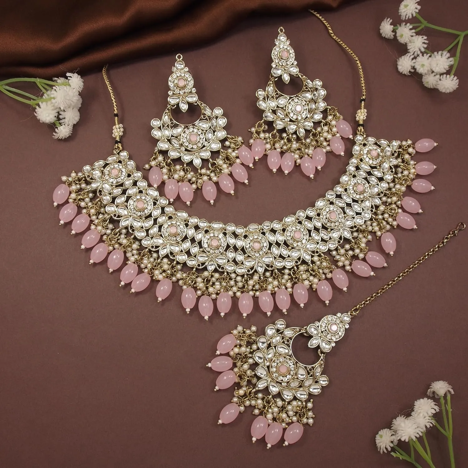 I Jewels Indian Wedding Bollywood Kundan Pearl Drop Bridal Choker Necklace With Chandbali Earrings & Maang Tikka Jewellery Set For Women (K7256)