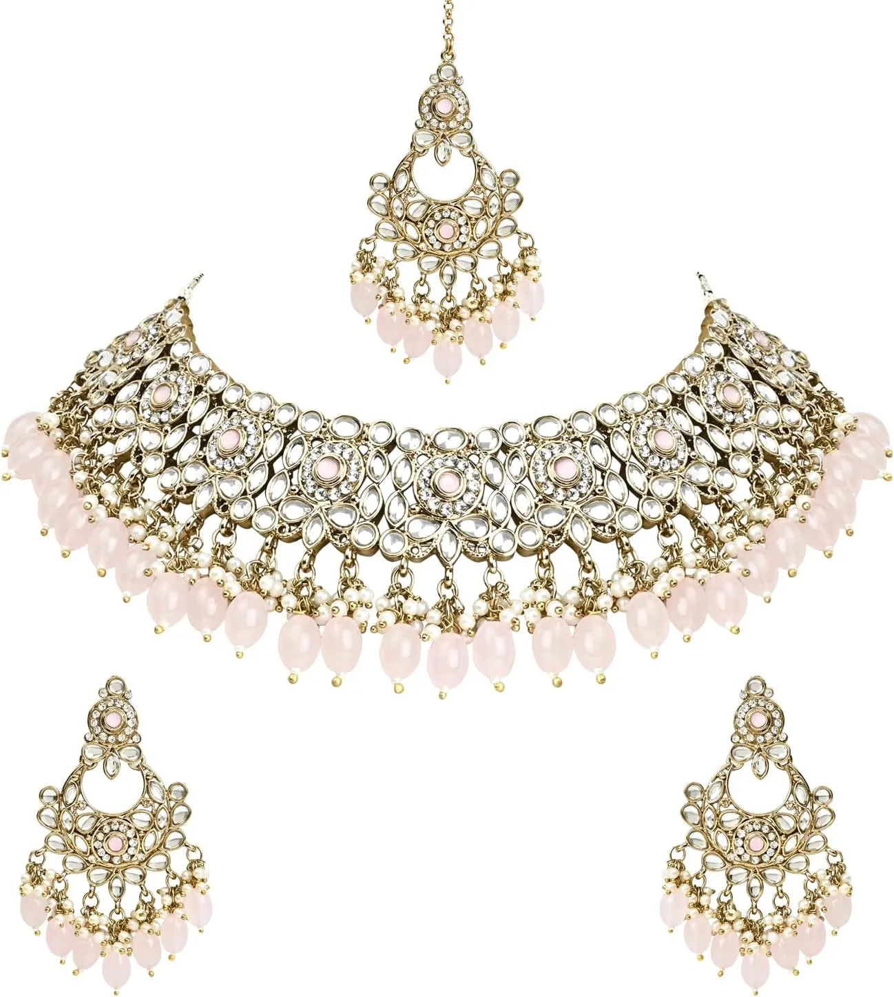 I Jewels Indian Wedding Bollywood Kundan Pearl Drop Bridal Choker Necklace With Chandbali Earrings & Maang Tikka Jewellery Set For Women (K7256)