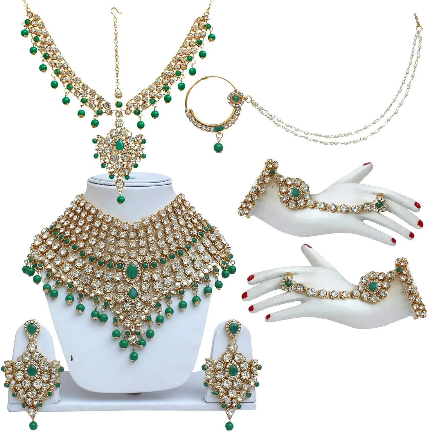 I Jewels Indian Wedding Traditional Gold Plated Kundan Ethnic Bridal Jewelry Set with Earrings, Nose Ring, Mathapatti & Haath Panja for Women