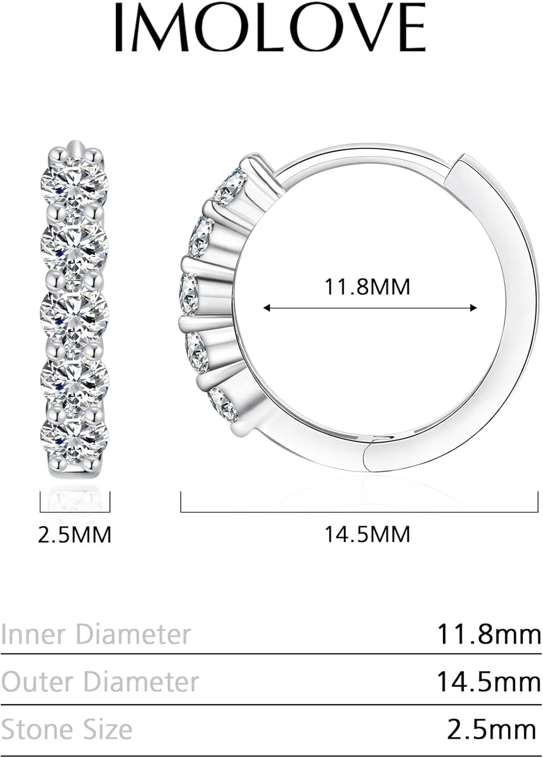 IMOLOVE Huggie Ear Cuffs - Moissanite Stud Earrings, Hypoallergenic Sterling Silver with 18K White Gold Plating