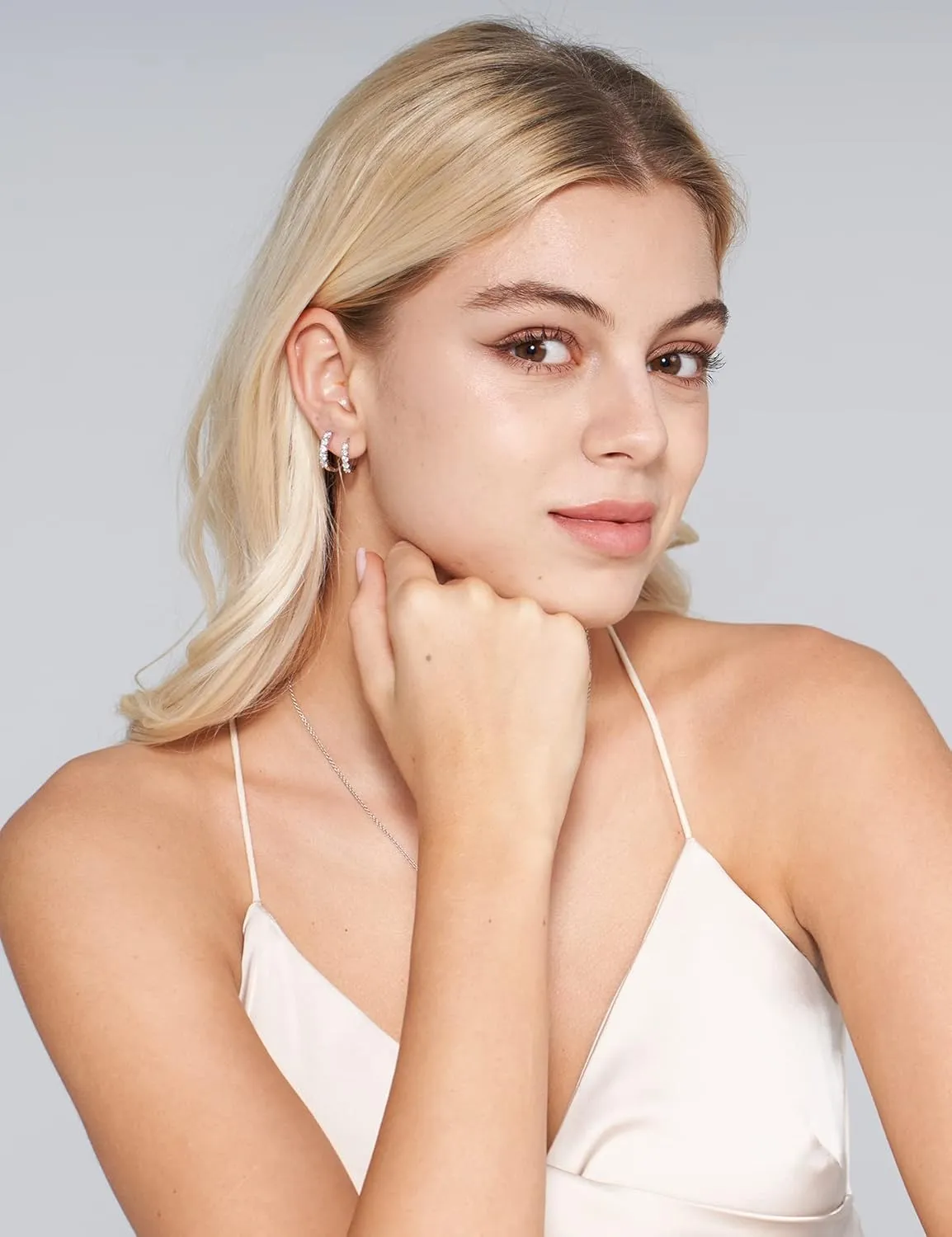 IMOLOVE Huggie Ear Cuffs - Moissanite Stud Earrings, Hypoallergenic Sterling Silver with 18K White Gold Plating