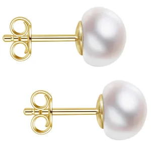 Impalsory Handmade Pearl Earrings, Gold Plated Sterling Silver White Pearl Stud Earrings for Women 7.5-8MM