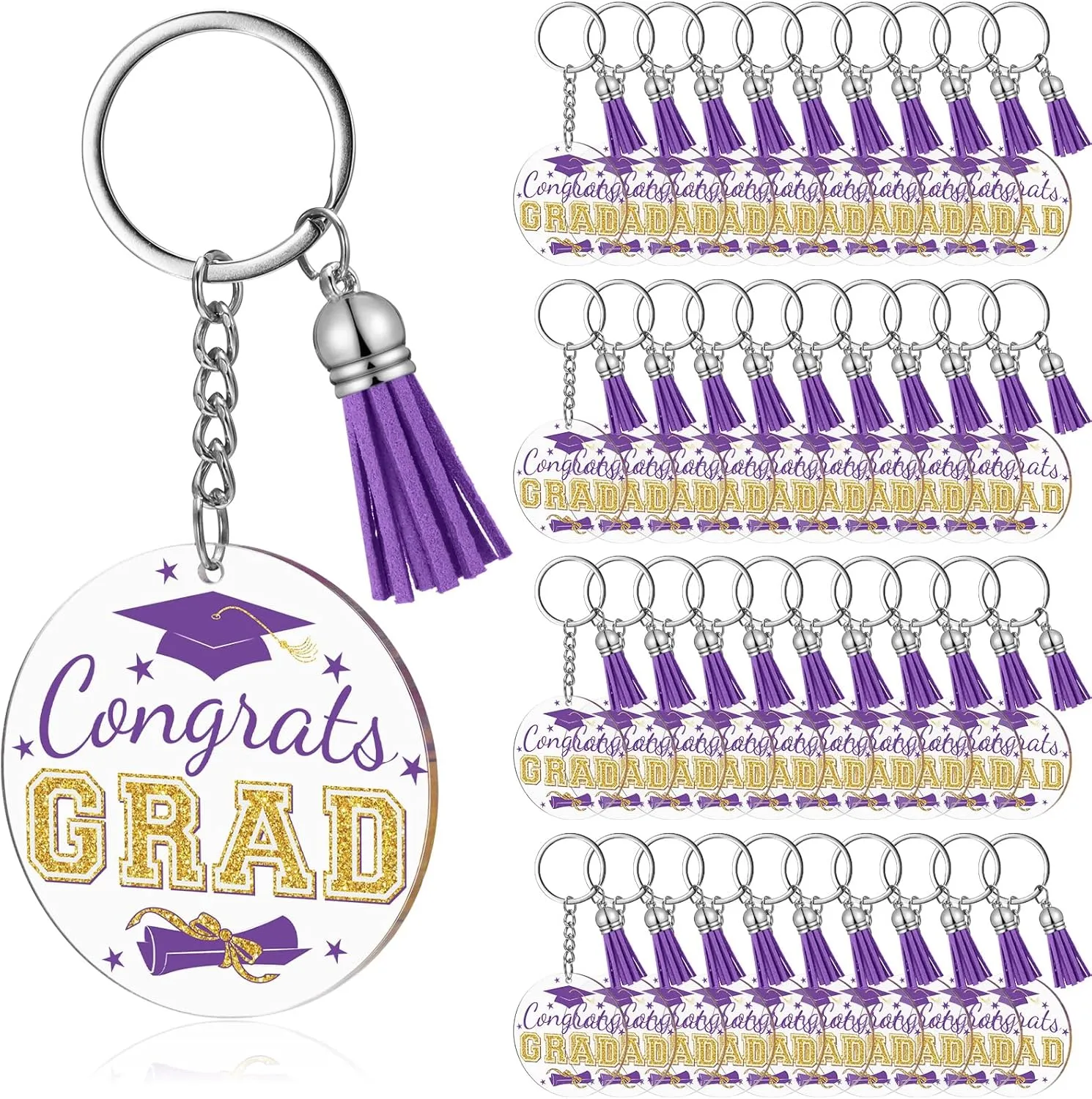 Inbagi 30 Pieces Congrats Grad Keychains Acrylic Keychain with Tassels 2025 Graduation Party Gift Decor (Purple)