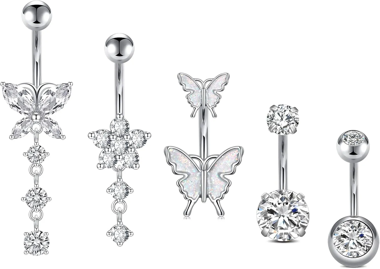 Incaton 14G Belly Button Rings, Stainless Steel Diamond Belly Rings For Women, Dangle Belly Button Rings With Butterfly, 6mm Short & 10mm Bar Navel Piercings
