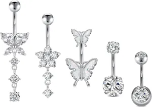 Incaton 14G Belly Button Rings, Stainless Steel Diamond Belly Rings For Women, Dangle Belly Button Rings With Butterfly, 6mm Short & 10mm Bar Navel Piercings