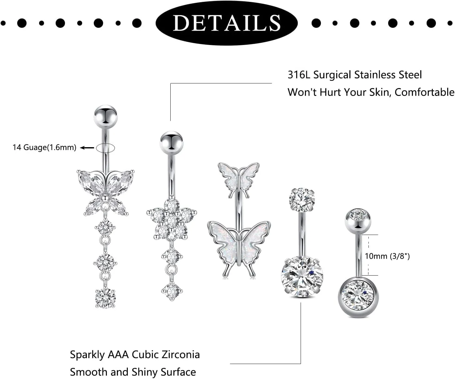 Incaton 14G Belly Button Rings, Stainless Steel Diamond Belly Rings For Women, Dangle Belly Button Rings With Butterfly, 6mm Short & 10mm Bar Navel Piercings