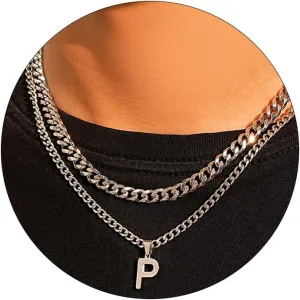 Initial A-Z Letter Necklace for Men Layered Stainless Steel Cuban Chain Choker Letter Pendant Necklace Jewelry Gift for Men