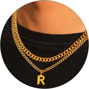 Initial A-Z Letter Necklace for Men Layered Stainless Steel Cuban Chain Choker Letter Pendant Necklace Jewelry Gift for Men