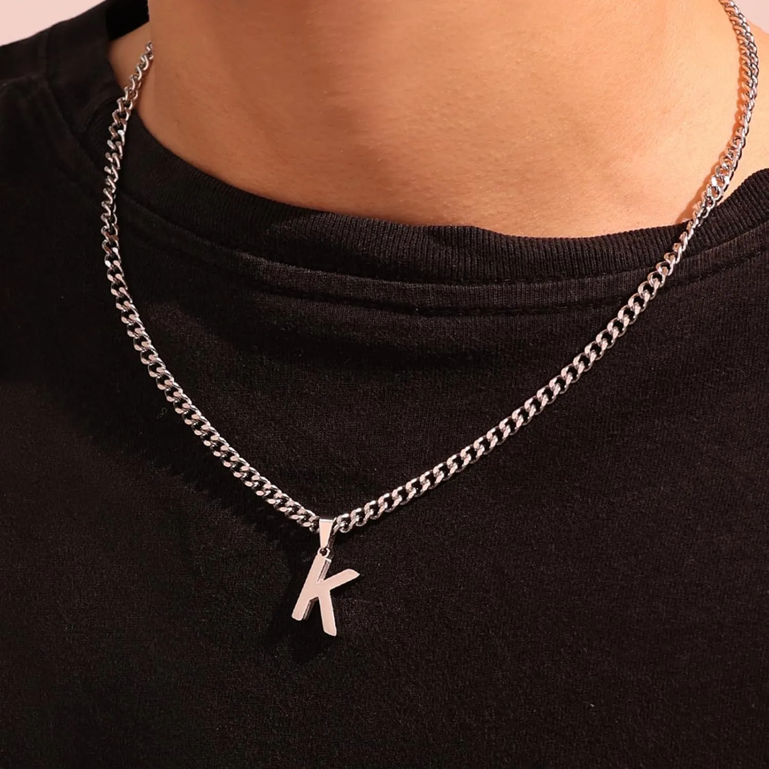 Initial A-Z Letter Necklace for Men Layered Stainless Steel Cuban Chain Choker Letter Pendant Necklace Jewelry Gift for Men