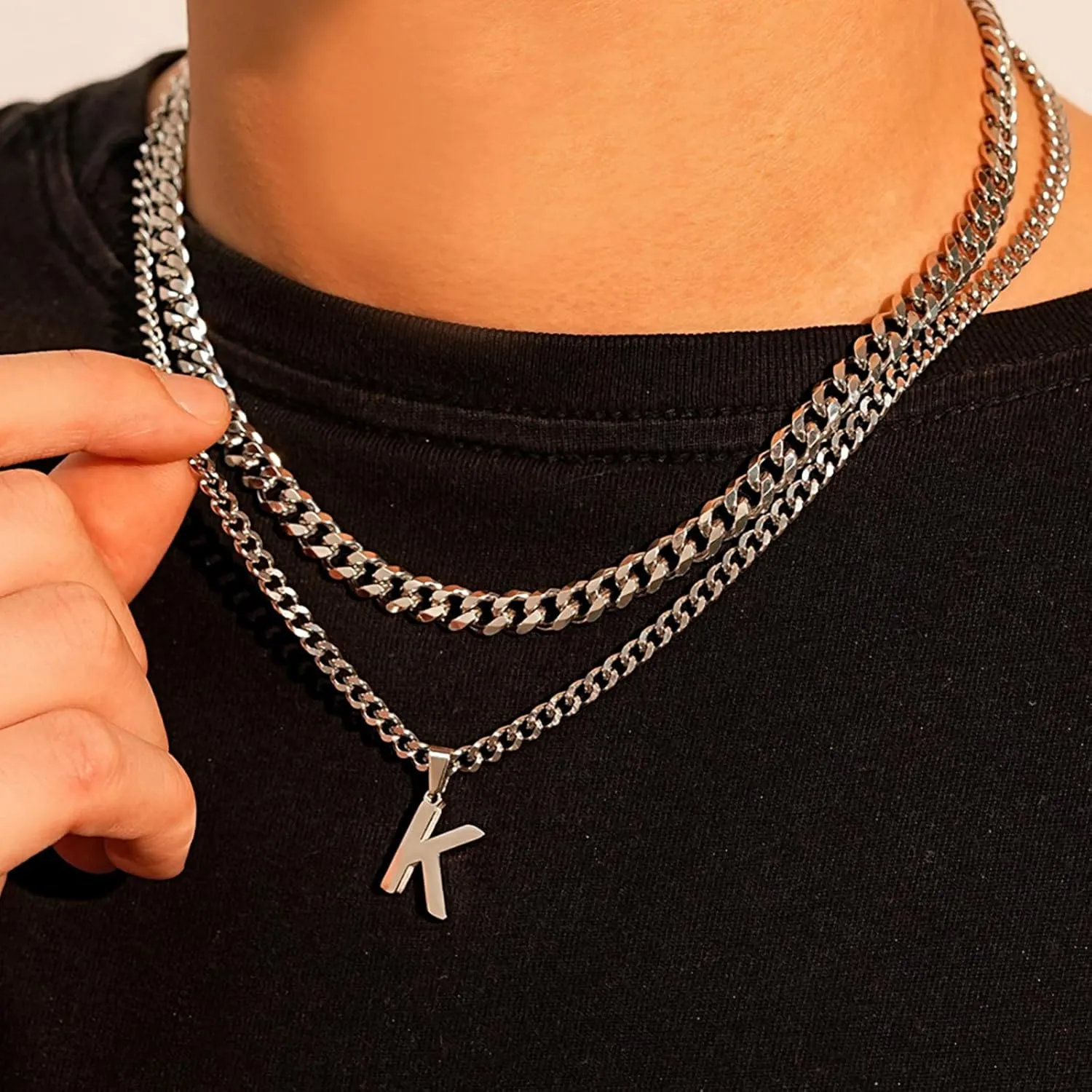 Initial A-Z Letter Necklace for Men Layered Stainless Steel Cuban Chain Choker Letter Pendant Necklace Jewelry Gift for Men