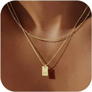 Initial Necklace for Women, 14K Real Gold Plated Layered Letter Pendant Necklace Set Dainty Capital Monogram Choker Trendy Personalized Tiny Alhpabets A-Z Tag Charm Name Necklace Jewelry Gift