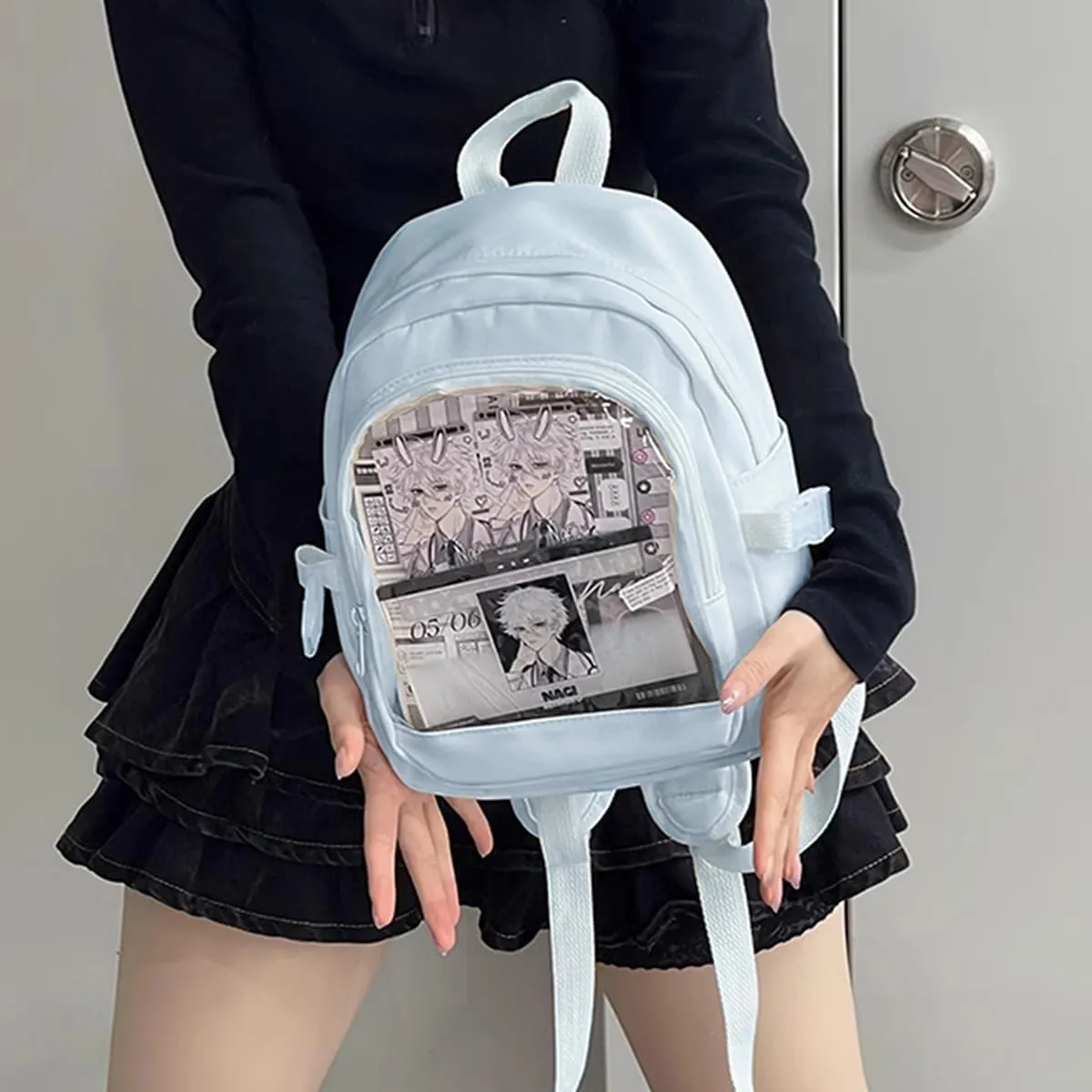 Ita Mini Backpack with Pin Display Insert & Cute Pins - Kawaii Japanese Anime Bag for School Teens Girls (Blue)