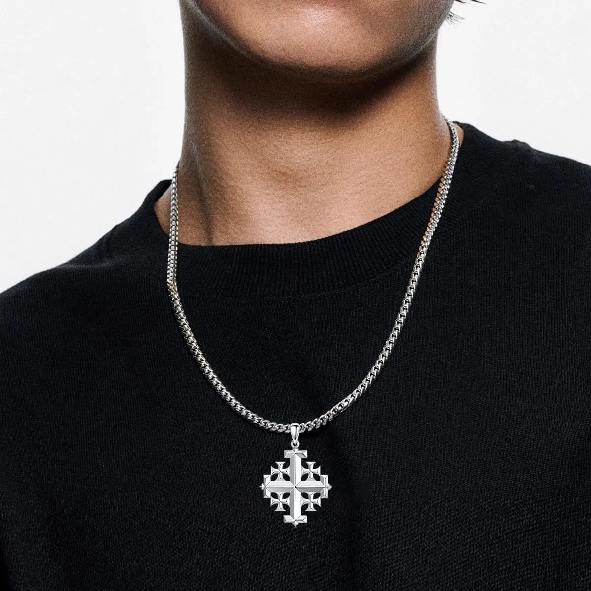 Jerusalem Cross Necklace 925 Sterling Silver Christian Jewelry for Men, w/Stainless Steel Chain 22   2 Inch
