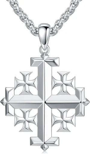 Jerusalem Cross Necklace 925 Sterling Silver Christian Jewelry for Men, w/Stainless Steel Chain 22   2 Inch