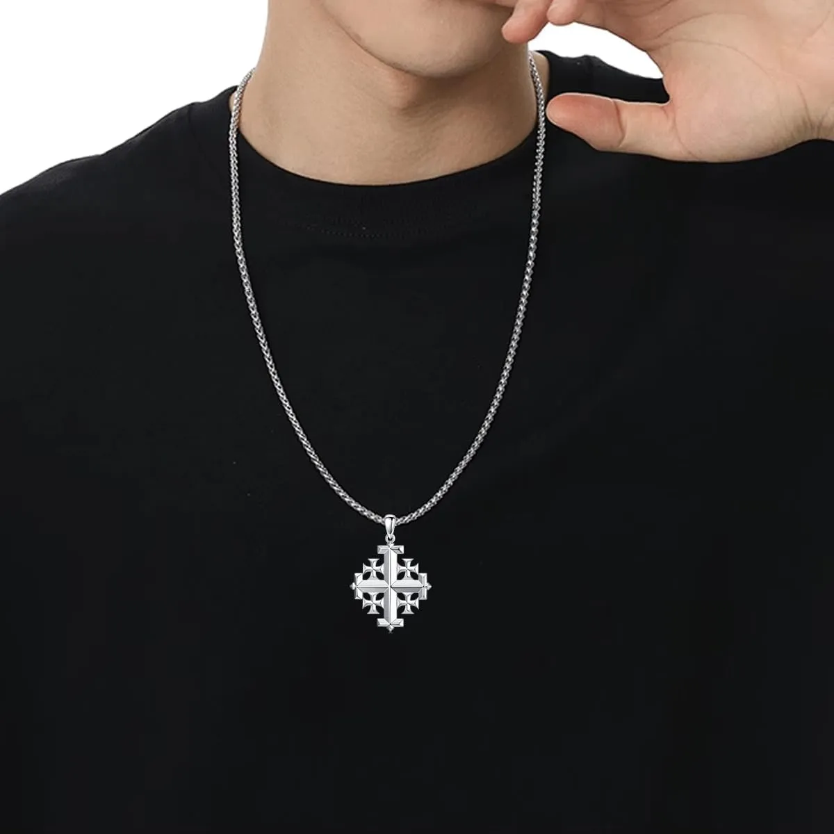 Jerusalem Cross Necklace 925 Sterling Silver Christian Jewelry for Men, w/Stainless Steel Chain 22   2 Inch