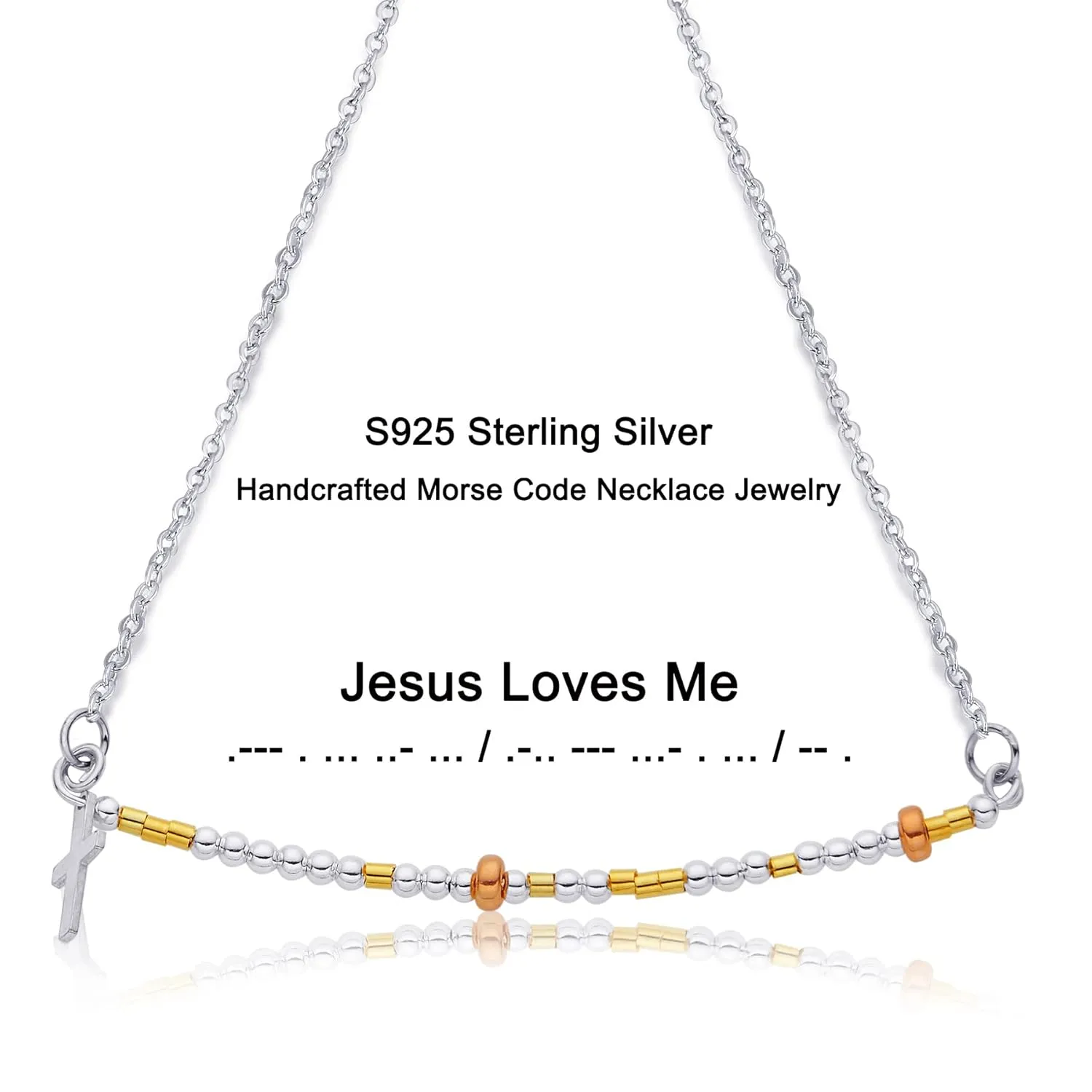 Jesus Loves Me Morse Code Necklace  925 Sterling Silver Christian Jewelry for Women, Hidden Message Cross Bead Necklace, Faith Gift for Girls & Women
