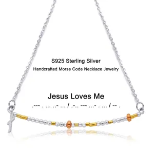 Jesus Loves Me Morse Code Necklace  925 Sterling Silver Christian Jewelry for Women, Hidden Message Cross Bead Necklace, Faith Gift for Girls & Women