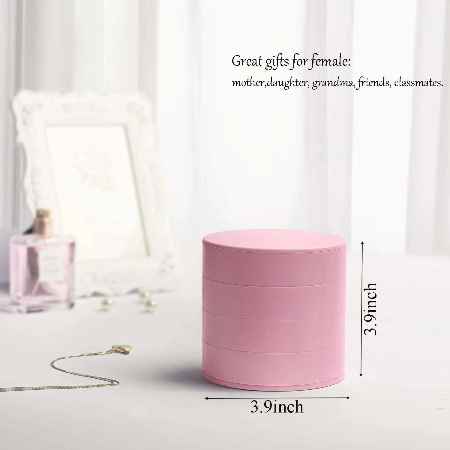 Jewelry Organizer,Round Jewelry Box Necklace Holder for Women, Jewelry Storage Box 4-Layer Rotatable Jewelry Accessory Storage Tray with Lid for Rings/Earrings/Bracelets,pink
