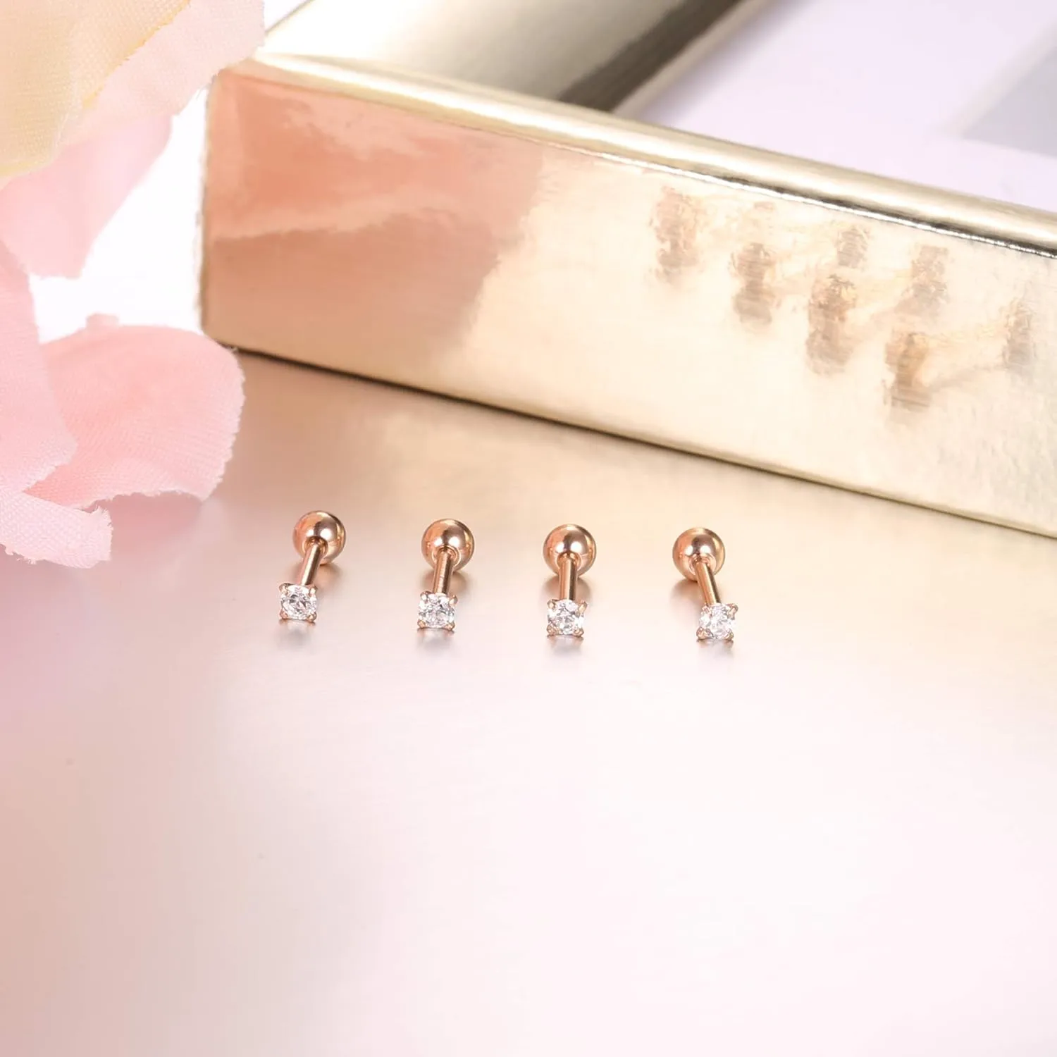 JOERICA 8 Pairs Tiny Cartilage Stud Earrings Stainless Steel Cubic Zirconia Earrings for Women Men 18G Screw Flat Back Earrings Set with 2MM CZ