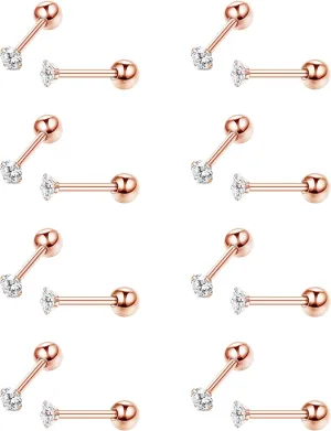 JOERICA 8 Pairs Tiny Cartilage Stud Earrings Stainless Steel Cubic Zirconia Earrings for Women Men 18G Screw Flat Back Earrings Set with 2MM CZ