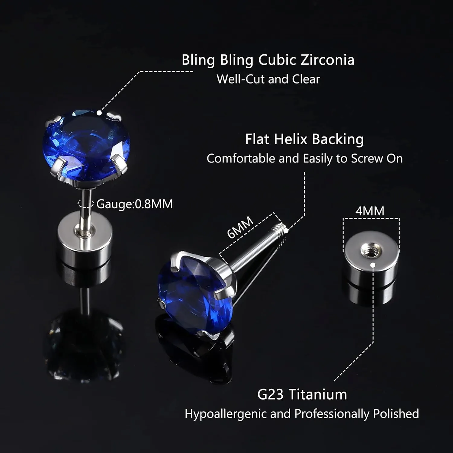 Jstyle Screw Back Stud Earrings Set 20G Titanium Steel Cartilage Piercing Jewelry for Women Men Sensitive Ears CZ Tragus Helix Flat Back Earrings Stud