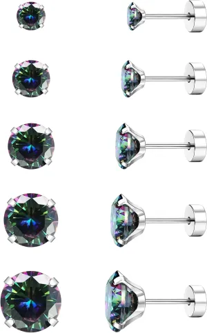 Jstyle Screw Back Stud Earrings Set 20G Titanium Steel Cartilage Piercing Jewelry for Women Men Sensitive Ears CZ Tragus Helix Flat Back Earrings Stud