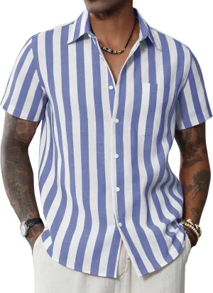 J.VER Men's Linen Shirts Short Sleeve Casual Striped Button Down Shirt for Summer Beach Yoga