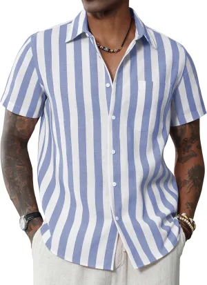 J.VER Men's Linen Shirts Short Sleeve Casual Striped Button Down Shirt for Summer Beach Yoga