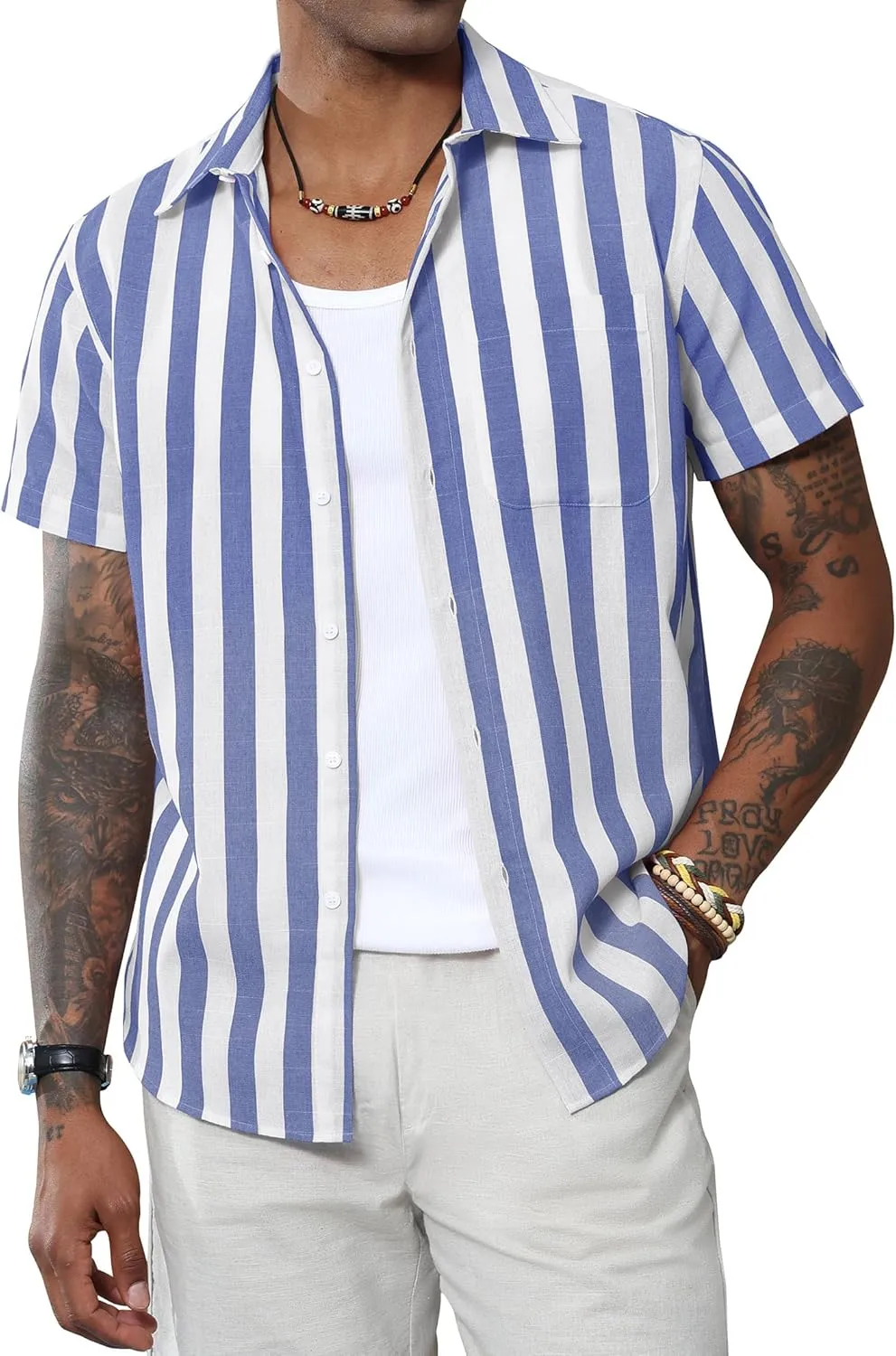 J.VER Men's Linen Shirts Short Sleeve Casual Striped Button Down Shirt for Summer Beach Yoga