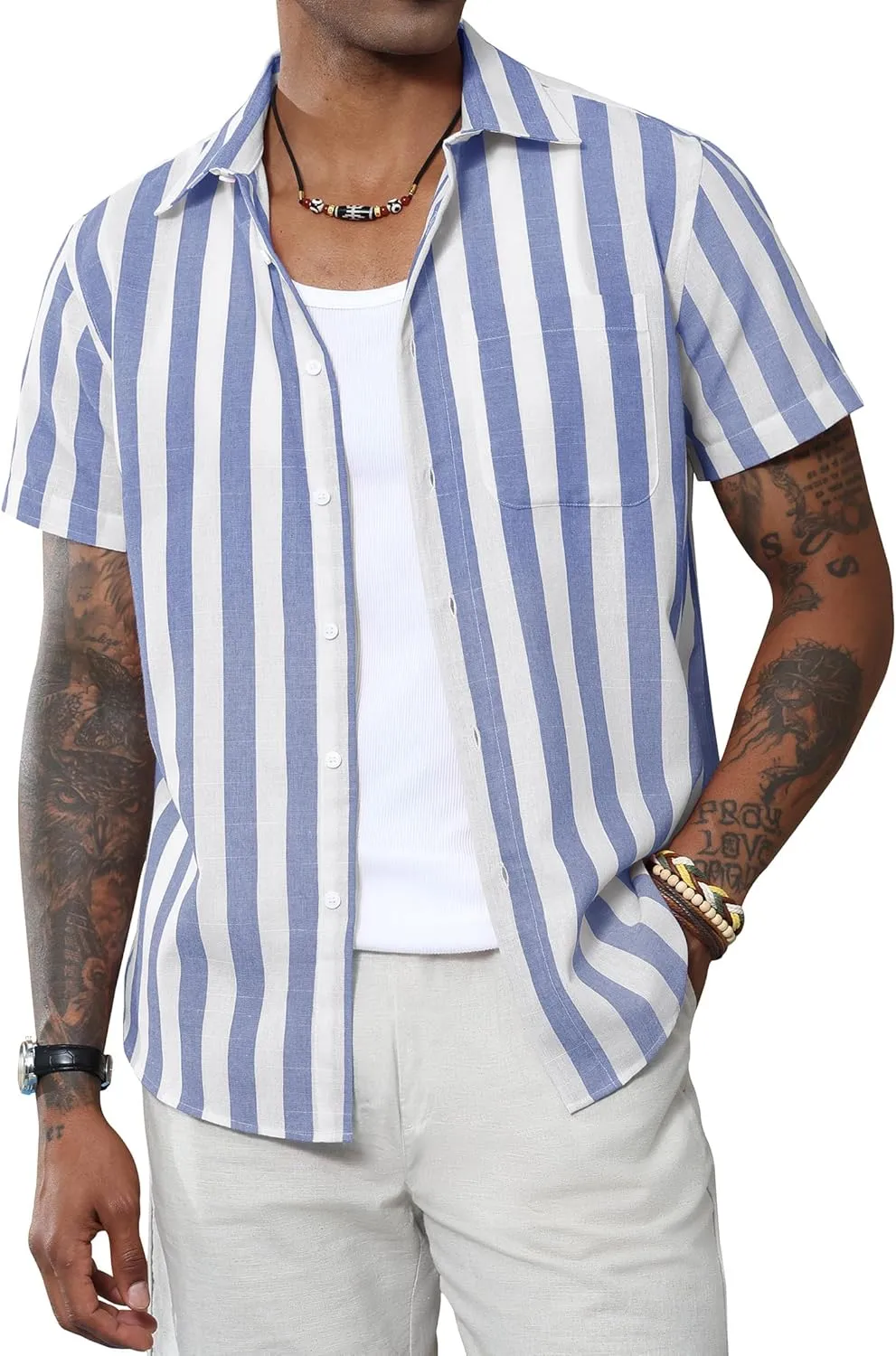 J.VER Men's Linen Shirts Short Sleeve Casual Striped Button Down Shirt for Summer Beach Yoga