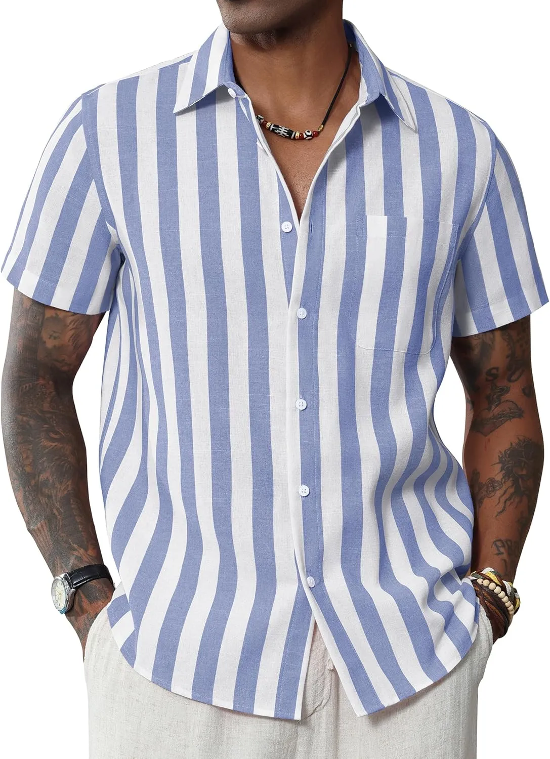 J.VER Men's Linen Shirts Short Sleeve Casual Striped Button Down Shirt for Summer Beach Yoga