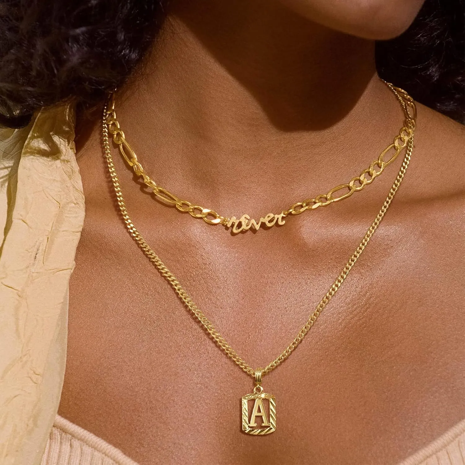 KELORIS PATH Gold Initial Necklace for Women Men, 14K Gold Plated Square Letter Pendant Charm Necklace Cuban Chain Capital Alphabets from A-Z Jewelry