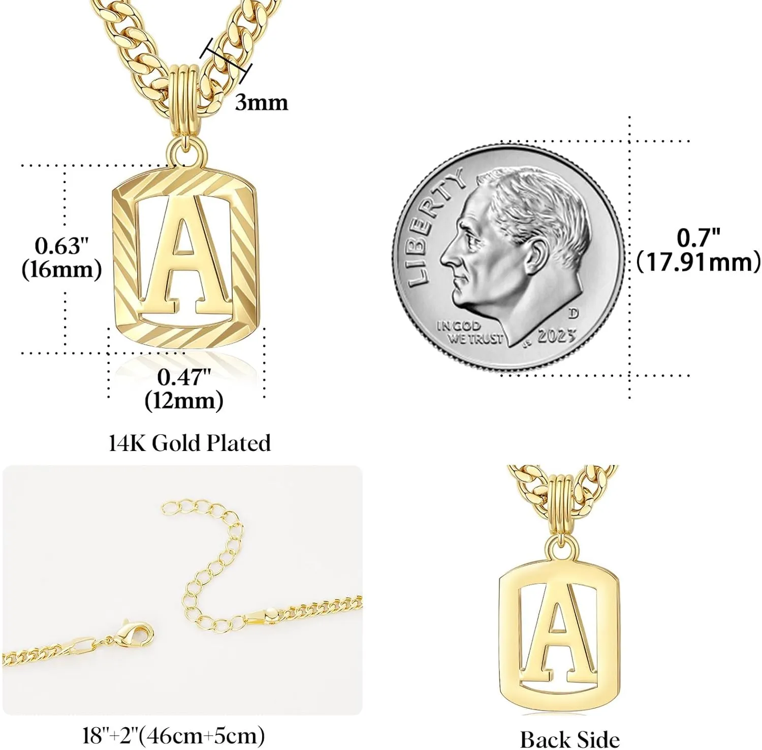 KELORIS PATH Gold Initial Necklace for Women Men, 14K Gold Plated Square Letter Pendant Charm Necklace Cuban Chain Capital Alphabets from A-Z Jewelry
