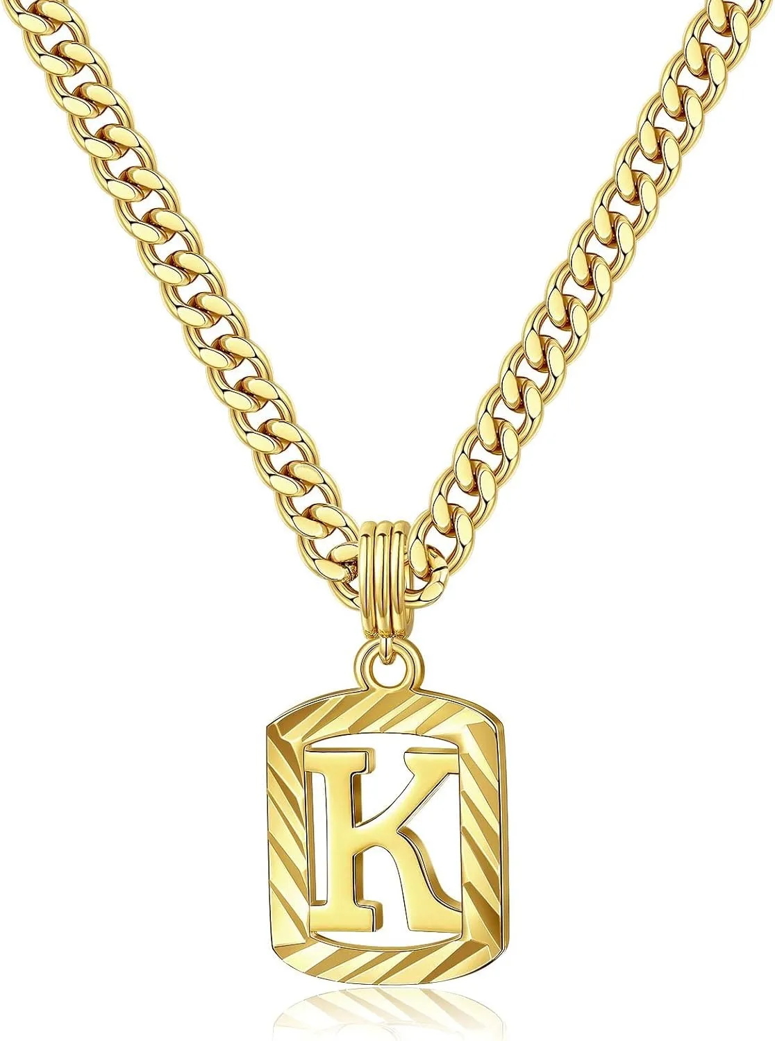 KELORIS PATH Gold Initial Necklace for Women Men, 14K Gold Plated Square Letter Pendant Charm Necklace Cuban Chain Capital Alphabets from A-Z Jewelry